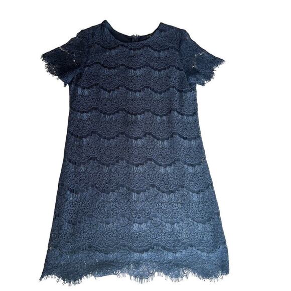 Lulus Take Me To Brunch Navy Blue Lace Shift Dress, Large, Mini, Short Sleeve - Picture 2 of 10